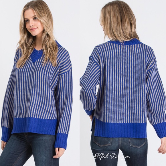 LAST! V Neck Royal Blue Contrast Vertical Stripe Sweater! - Picture 7 of 8